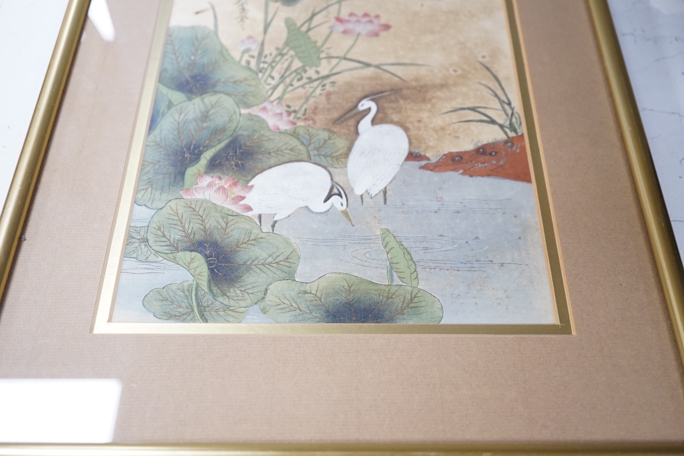 Two Japanese watercolours, a Kotozuka Eiichi woodblock print, a Japanese brocade panel and a book cover